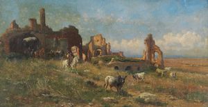 BARUCCI PIETRO (1845 - 1917) - Paesaggio con rovine e armenti.