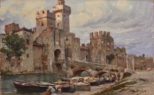 BELTRAME ACHILLE (1871 - 1945) - Paesaggio con castello e barche.