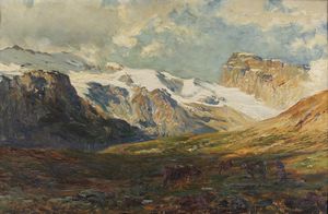 FALCHETTI ALBERTO (1878 - 1951) - Paesaggio montano con animali.