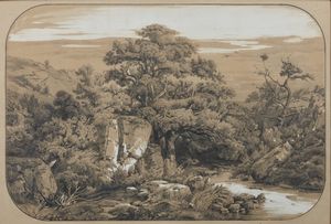 RENICA GIOVANNI (1808 - 1884) - Paesaggio con ruscello e alberi.