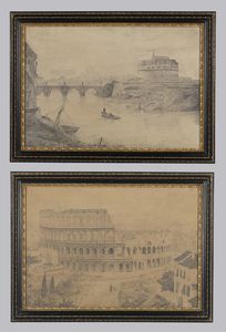 ARTISTA DEL XIX SECOLO - Coppia di disegni raffiguranti veduta del Tevere a Castel Sant'Angelo e veduta del Colosseo.