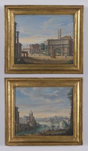 ARTISTA DEL XIX SECOLO - Coppia di dipinti raffiguranti veduta del Tevere con la basilica di San Giovanni dei Fiorentini e veduta del Foro Romano.