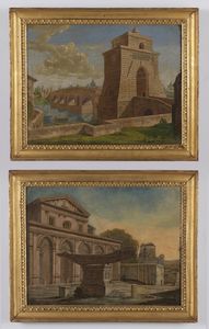 ARTISTA DEL XIX SECOLO - Coppia di dipinti raffiguranti la Basilica di Santa Maria in Domnica con la fontana della Navicella e Ponte Milvio con l'ingresso del Valadier.