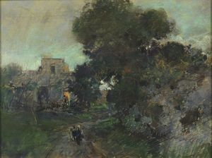 CASCIARO GIUSEPPE (1863 - 1945) - Paesaggio con personaggi.