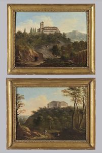BARBIERI GIOVANNI (1780 - 1864) - Coppia di dipinti raffiguranti veduta di Villa Aldini e veduta dell'Abbazia di Monteveglio.