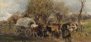 MANZIANA CARLO (1849 - 1925) - Paesaggio con contadino e armenti.