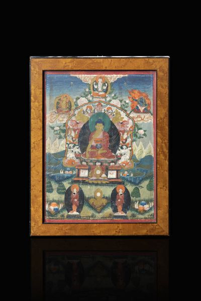 TANKA : Tanka incorniciato dipinto con figure di divinit  Tibet  XIX secolo. 28 5x21  - Asta Asta 197 Arte orientale - Associazione Nazionale - Case d'Asta italiane