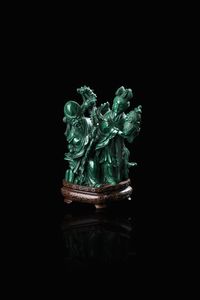 GRUPPO DI FIGURE IN MALACHITE - Gruppo di figure in malachite  Cina  XX secolo. h cm 14x9 5