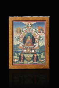 TANKA - Tanka incorniciato dipinto con figure di divinità  Tibet  XIX secolo. 28 5x21