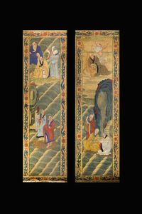 PANNELLI - Coppia di dipinti su carta applicati su legno raffiguranti personaggi  Cina  inizi XX secolo. h cm 158x46