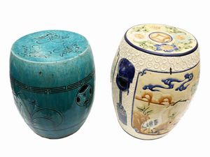 Due sgabelli a tamburo in ceramica  - Asta Curiosit siciliane e strumenti musicali da Casa D'Agata - Associazione Nazionale - Case d'Asta italiane