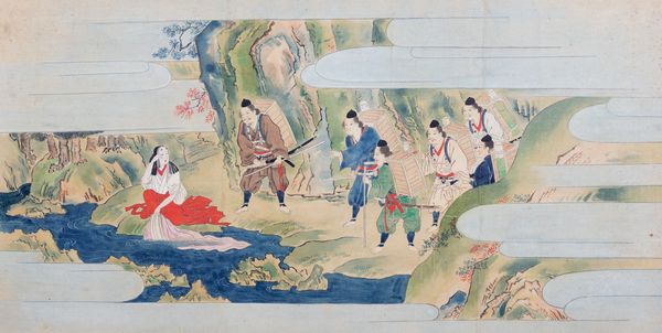 Dipinto su carta raffigurante Samurai con fanciulla presso un ruscello, Giappone periodo Edo  - Asta Arte Orientale - Associazione Nazionale - Case d'Asta italiane