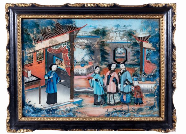 Dipinto sottovetro raffigurante scena di corte in un giardino, Cina inizi secolo XIX  - Asta Arte Orientale - Associazione Nazionale - Case d'Asta italiane