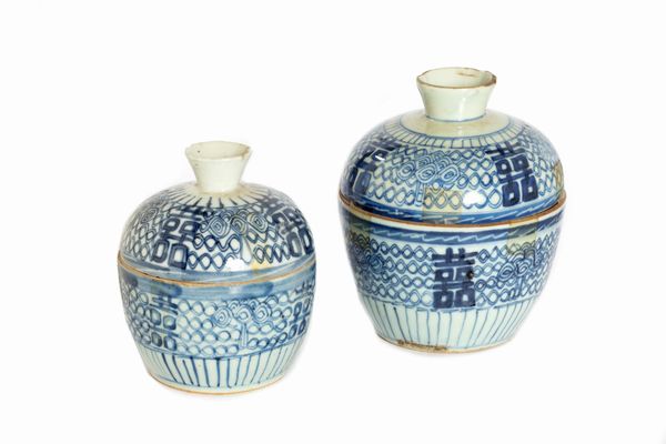 Due vasetti con coperchio in porcellana bianca e blu, Cina secolo XIX  - Asta Arte Orientale - Associazione Nazionale - Case d'Asta italiane