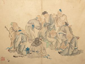 Coppia di dipinti con scene di saggi in un paesaggio, Cina, dinastia Qing  - Asta Arte Orientale - Associazione Nazionale - Case d'Asta italiane