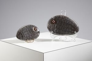 BAROVIER & TOSO - Coppia di pesci con decoro in vetro neolitico. Occhi  con murrine.