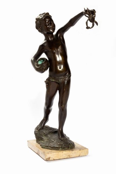Scultura in bronzo raffigurante giovane pescatore, Napoli secolo XIX  - Asta Incanti d'Arte - Associazione Nazionale - Case d'Asta italiane