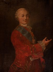 ,Scuola veneta, secolo XVIII - Ritratto di giovane gentiluomo a tre quarti di figura con marsina rossa, camicia di pizzo e fascia blu con onorificenza