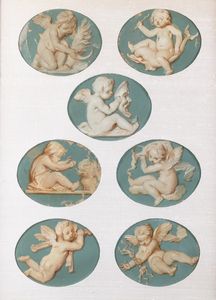 ,Scuola neoclassica - Sette miniature en grisaille raffiguranti amorini, montate in un unico passepartout