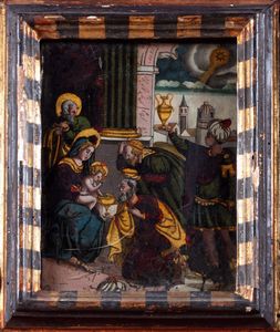 ,Scuola veneto-cretese - Icona dipinta sottovetro raffigurante Adorazione dei Magi
