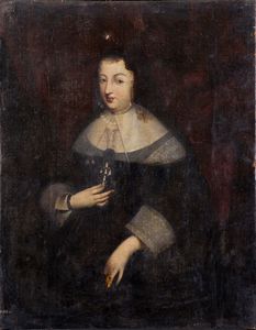 ,Seguace di Justus Sustermans - Ritratto di dama in abito scuro a tre quarti di figura