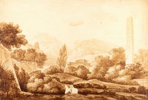 ,Scuola italiana, fine del secolo XVIII - inizi del secolo XIX - Paesaggio laziale con obelisco e acquedotto in rovina