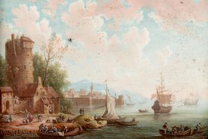 ,Scuola fiamminga, secolo XVIII - Due paesaggi costieri con velieri e astanti