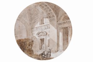 ,Scuola italiana, secolo XIX - Capriccio architettonico con monumenti classici ed astanti in primo piano