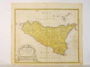 ,Eredi Homann - Regni & Insulae Siciliae Tabula geographica, ex Archetypo grandiori in hoc compendium redacta...