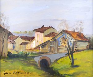 FELICE VELLAN Torino 1889 - 1976 - Paesaggio con ponte e case 1954