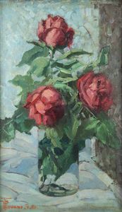 FERRUCCIO PIOVANO Cambiano (TO) 1890 - 1980 Torino - Tre rose in vaso maggio 1965