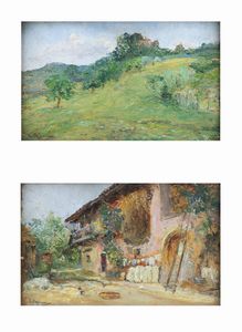 CESARE BISCARRA Torino 1866 - 1943 - a Paesaggio b Veduta di casa di campagna con cortile