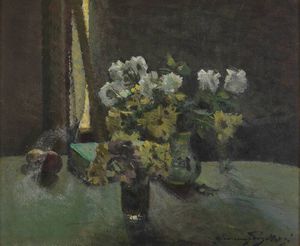 VENANZIO ZOLLA Colchester (Regno Unito) 1880 - 1961 Torino - Interno con fiori 1940 circa