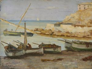 BERTOLOTTI CESARE (1854 - 1932) - Spiaggia con barche.