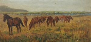 MALESCI GIOVANNI (1884 - 1969) - Paesaggio con cavalli.
