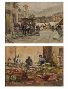 FOLLINI CARLO (1848 - 1938) - Coppia di dipinti raffiguranti personaggi al mercato.