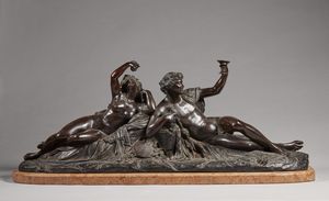 PRADIER JEAN-JACQUES (1790 - 1852) - Nello stile di. Dioniso e Arianna in bronzo patinato su base in marmo.