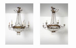 MANIFATTURA DEL XIX SECOLO - Coppia di lampadari in stile Impero in metallo dorato e vetro.