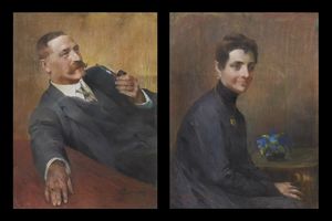 LANDI ANGELO (1879 - 1944) - Coppia di dipinti raffiguranti ritratto maschile e femminile.