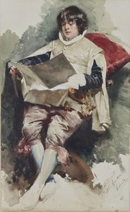 ALDINI CASIMIRO TOMBA (1857 - 1929) - Paggio seduto che legge.