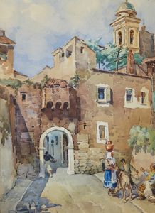 SALVARANI ARCANGELO (1882 - 1953) - Paesaggio con personaggi.