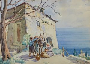 SALVARANI ARCANGELO (1882 - 1953) - Paesaggio con contadine e asinello.