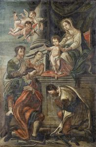 ARTISTA VENETO DEL XVIII SECOLO - Madonna con bambino in trono e santi.