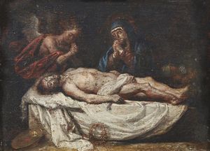 ARTISTA DEL XVII-XVIII SECOLO - Compianto su Cristo morto, in cornice in legno intagliato.