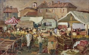 BONANOMI ARTURO (1920 - 2010) : Il mercato.  - Asta Asta 353 | Arte antica e del XIX secolo - Associazione Nazionale - Case d'Asta italiane