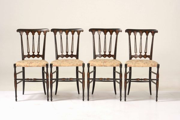 Quattro sedie tipo chiavarine in legno ebanizzato  - Asta Antiquariato Febbraio | Cambi Time - Associazione Nazionale - Case d'Asta italiane