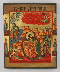 Icona russa del XIX secolo - Cristo e scene di vita e santi scelti.