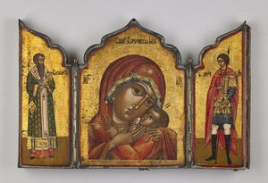 Icona russa del XIX secolo - Da viaggio raffigurante Madre di Dio e santi scelti.