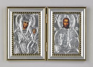 Icona russa del XIX secolo - Da viaggio raffigurante Madre di Dio e Cristo.
