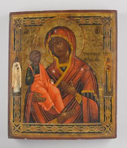 Icona russa del XIX secolo - Madre di Dio Tricherusa e due santi scelti.